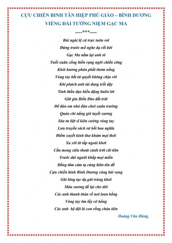 Cựu chiến binh Tân Hiệp Phú Giáo – Bình Dương viếng đài tưởng niệm gạc ma